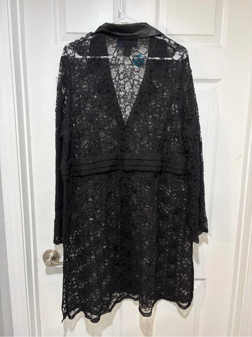 SUSAN GRAVER Style Women’s Black Lace Sheer Satin Trim Duster Jacket 2XL